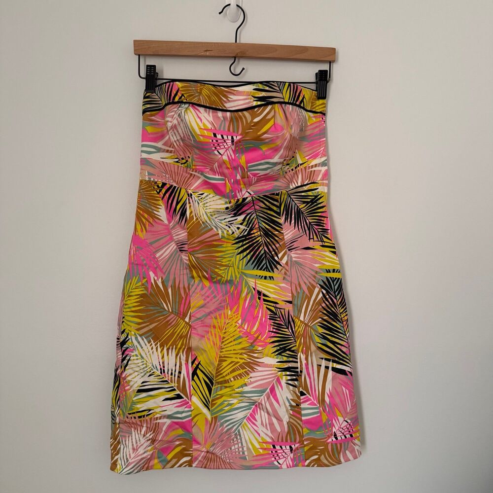 H&M Tropical Palm Leaf Strapless Mini Dress Pink Yellow Green Size 10 Tropical